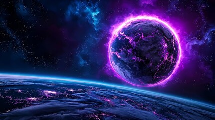 Watercolor virus cells wrapping around Earth's atmosphere, creating a halo of delicate purples and blues, [encroaching danger], [ethereal world].