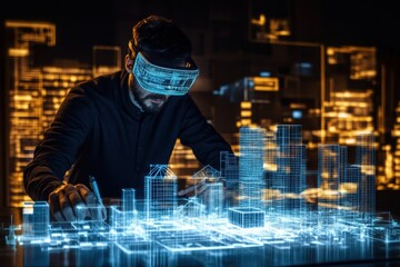 An augmented reality architect designing virtual buildings in a high-tech cityscape at night with glowing projections. Generative AI