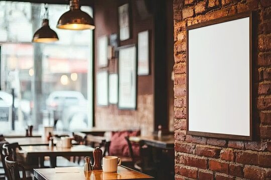 Cozy cafe interior with rustic brick wall and empty frame, inviting atmosphere for social gatherings or quiet moments.