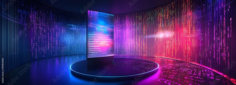 Poster 2. **high-tech presentation space:** illustrate a vibrant neon podium with a 3d holographic display 