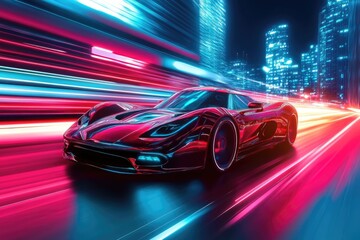 Dynamic shot of a sleek sports car racing through a neon-lit cityscape at night, showcasing speed and modern design.