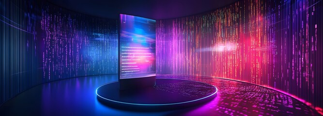 2. **High-Tech Presentation Space:** Illustrate a vibrant neon podium with a 3D holographic display that captures attention, surrounded by flowing digital data streams. The setup is ideal for
