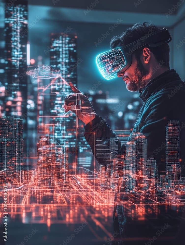 Leinwandbilder an augmented reality architect visualizing futuristic buildings in a high-tech cityscape at night wi
