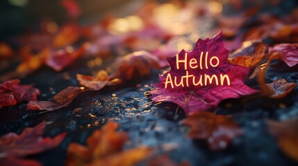 A single red leaf with the words "Hello Autumn" written on it lies amongst a scattering of fall leaves on the forest floor.