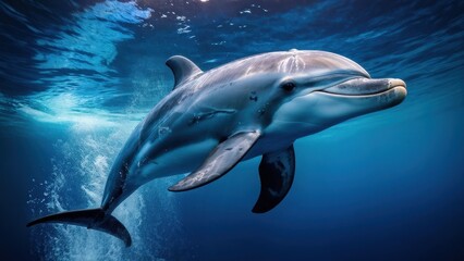 Fototapeta premium A dolphin swimming gracefully in clear blue ocean waters.