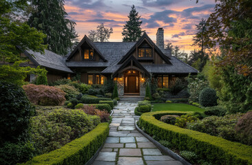beautiful stone and wood home in the Canadian landscape, with a stone walkway leading to the front door, surrounded by green hedges, bushes, and small trees, set against a twilight sky.