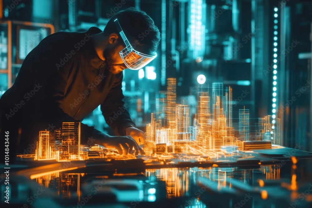 Leinwandbilder an augmented reality architect creates glowing structures in a futuristic cityscape using ar glasses