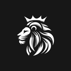A black and white image of a lion head with a crown on it