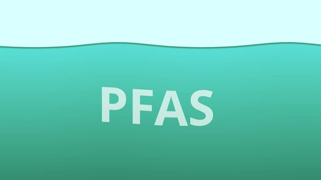 Oceans polluted with PFAS forever chemicals, wavy text appears underwater, 4k 2D animation