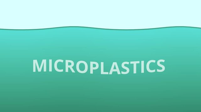 Oceans polluted with microplastics, wavy text appears underwater, 4k 2D animation