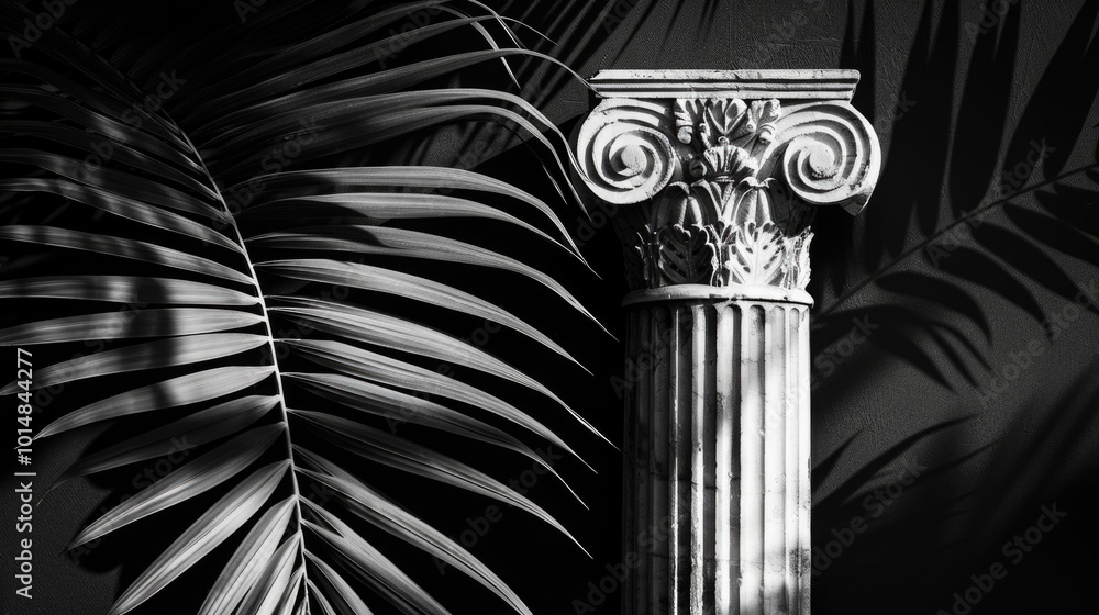 Poster a simple design element featuring a column with a palm leaf resting on top, perfect for minimalist c