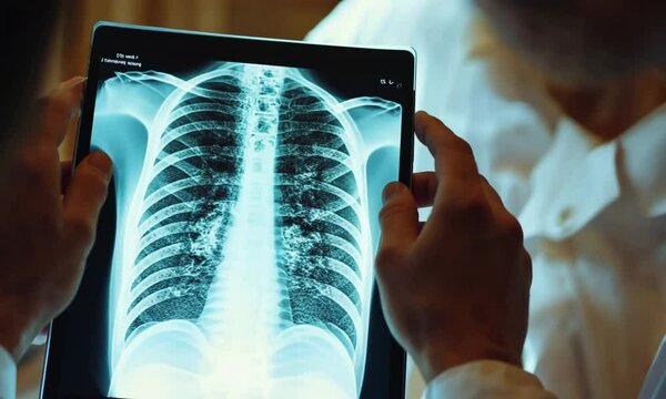 Doctor examining a patient's chest x-ray on a tablet