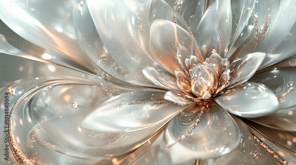 Poster a dynamic abstract flower bloom with shimmering petals, surrounded by swirling trails of sparkling j