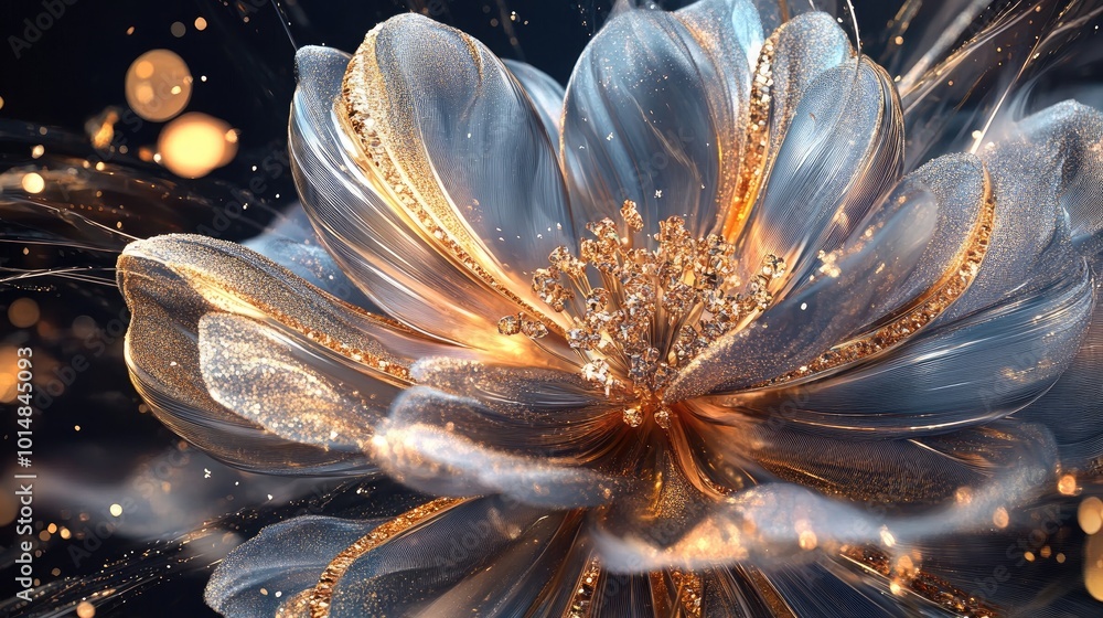 Poster a dynamic abstract flower bloom with shimmering petals, surrounded by swirling trails of sparkling j