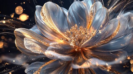 A dynamic abstract flower bloom with shimmering petals, surrounded by swirling trails of sparkling jewelry, creating a regal and luxurious scene