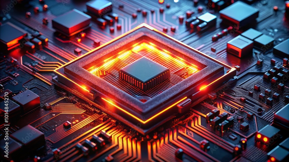 Poster modern cpu performing complex calculations with red lights - long exposure technology image