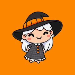 Cute cartoon witch character in a gray dress