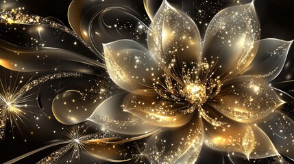 A luxurious abstract blooming flower with glowing petals, surrounded by trails of sparkling jewelry, creating an atmosphere of elegance