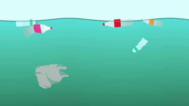 Oceans polluted with plastic bottles and other non biodegradable waste, microplastics dangers, 4k 2D animation