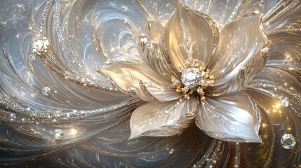 A radiant abstract flower in bloom, with intricate details, set against swirling trails of glittering jewels and diamonds, evoking a sense of luxury