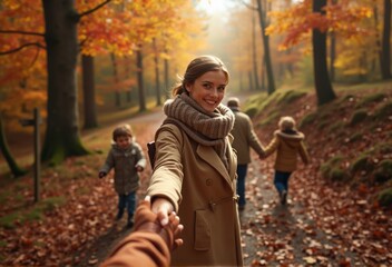 A smiling woman holding her partner s hand while leading their family on a walk through a scenic autumn forest. The scene emphasizes love, family, and the beauty of the fall season.