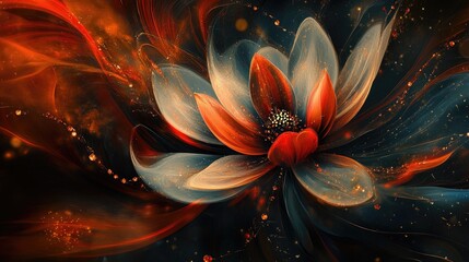 A stunning abstract flower bloom, with radiant petals and swirling trails of shimmering jewels in the background, evoking beauty and elegance