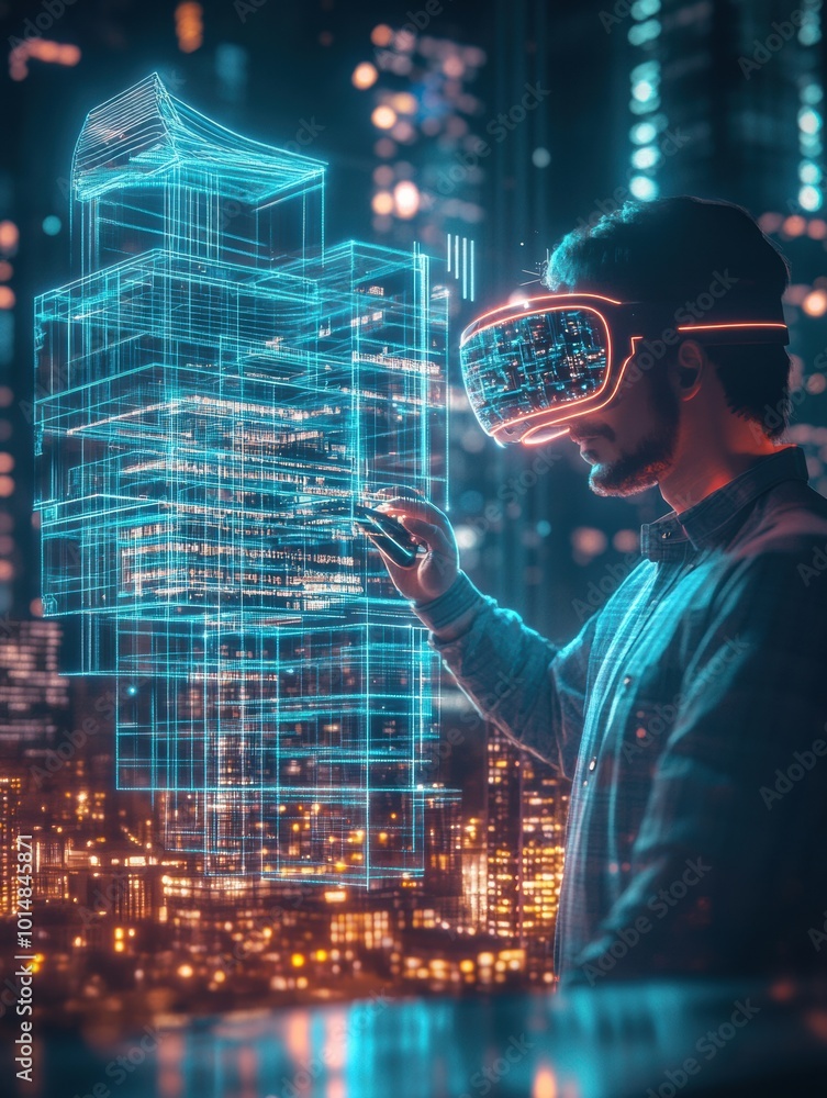 Poster an augmented reality architect visualizes glowing structures in a futuristic cityscape using ar glas