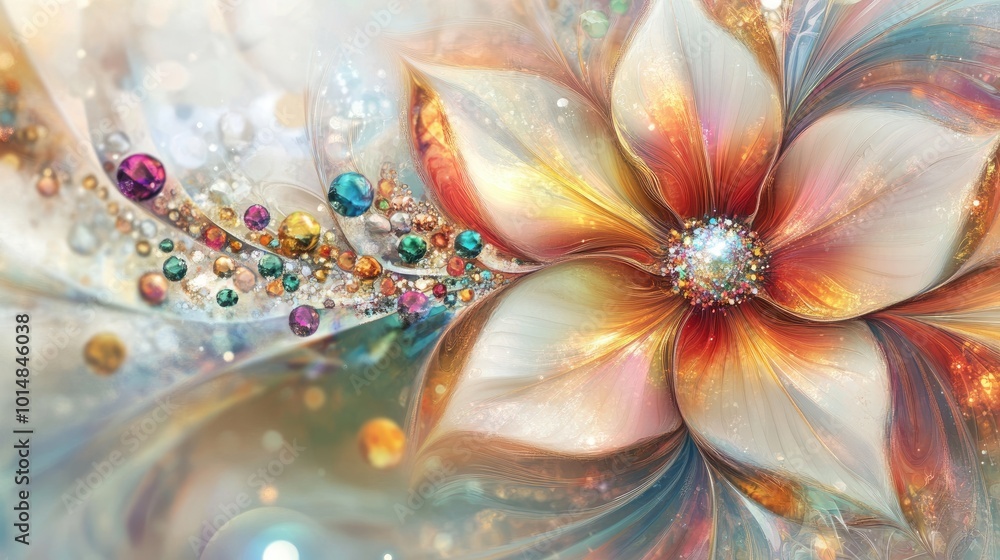 Poster an elegant abstract flower with swirling trails of colorful gemstones in the background, creating a 