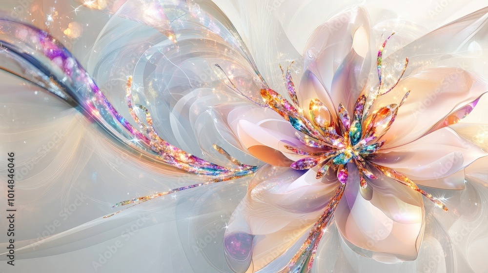Poster an elegant abstract flower with swirling trails of colorful gemstones in the background, creating a 