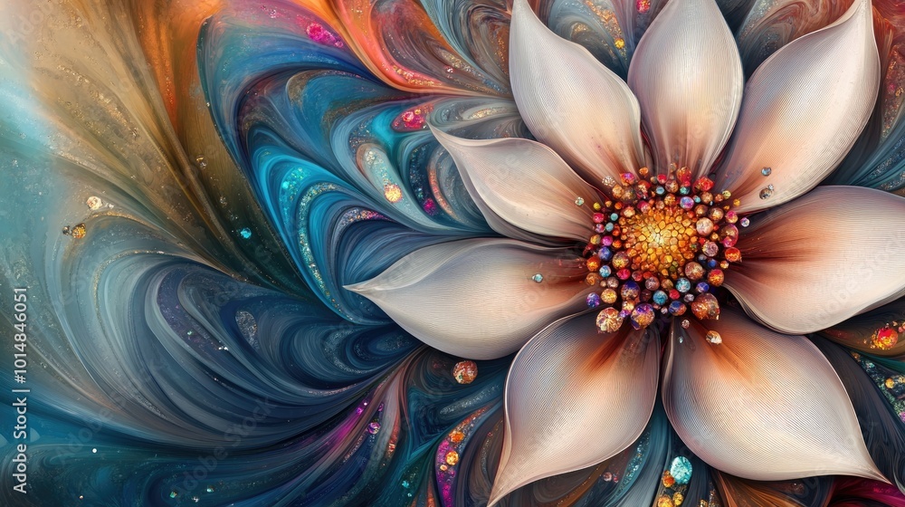Poster an elegant abstract flower with swirling trails of colorful gemstones in the background, creating a 