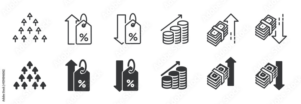 Poster increase and decrease line and glyph solid icons collection. minimal icon and symbol series vector i