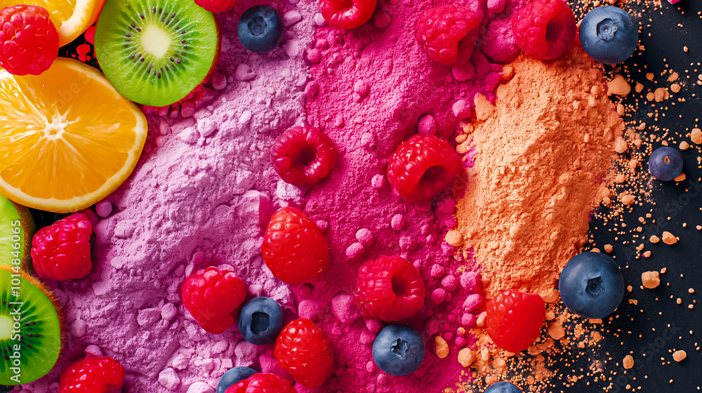 Poster a visually striking display features slices of kiwi and orange alongside vibrant raspberry and blueb