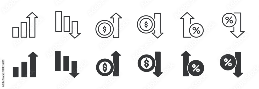 Poster increase and decrease line and glyph solid icons collection. minimal icon and symbol series vector i