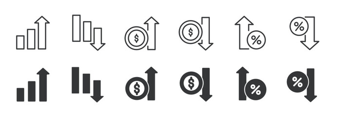 Increase and decrease line and glyph solid icons collection. Minimal icon and symbol series vector illustration