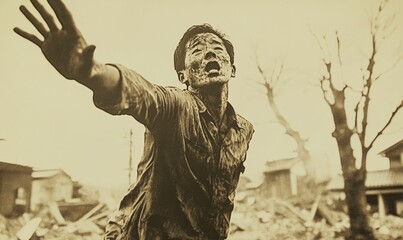 Obraz premium A man covered in dust, looking up in horror.