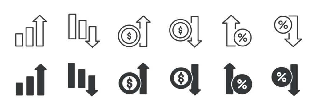 Increase and decrease line and glyph solid icons collection. Minimal icon and symbol series vector illustration