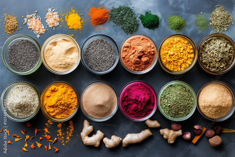 Poster an array of spices is displayed in glass jars on a dark countertop. the vibrant colors reflect the v