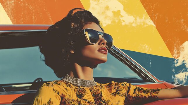 Fototapeta A woman in sunglasses and a patterned shirt leans against a vintage car with a colorful retro style scene.