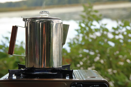 Steam Rising From a Camping Percolator As The Coffee Brews