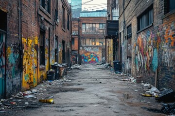 A gritty, abandoned urban alley featuring vibrant graffiti and dilapidated structures, capturing...