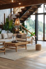 A comfortable living space with plenty of natural light, featuring various pieces of furniture and large windows