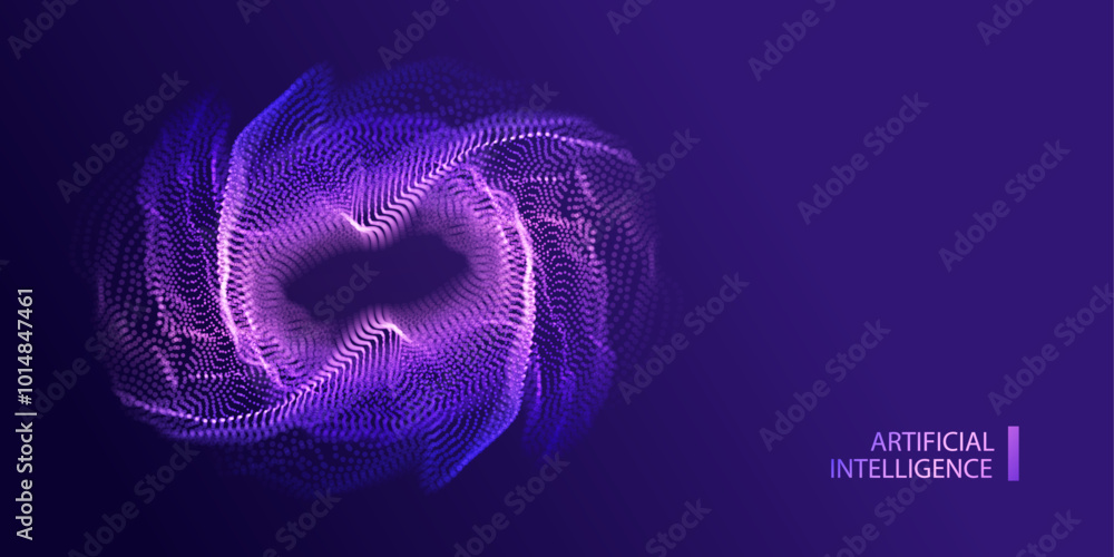 Poster a.i. technology particles banner. dots explosion ai big data neon splash round background. artificia