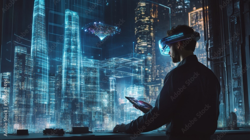 Leinwandbilder an augmented reality architect designs futuristic buildings in a high-tech cityscape using ar glasse