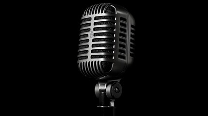 Fototapeta premium A vintage microphone on a stand against a black background.