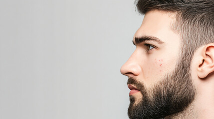 Obraz premium Closeup man face with red pimples, inflammation on face and problem skin. Acne, rosacea and couperose therapy. Facial treatment skincare routine and hygiene Cosmetic and beauty banner with copy space