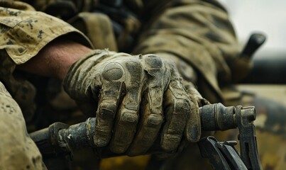 Dirty hand gripping a metal bar.