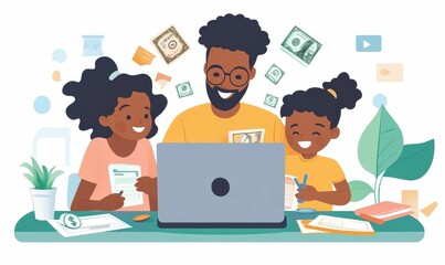 A family working at a laptop with money flying around.
