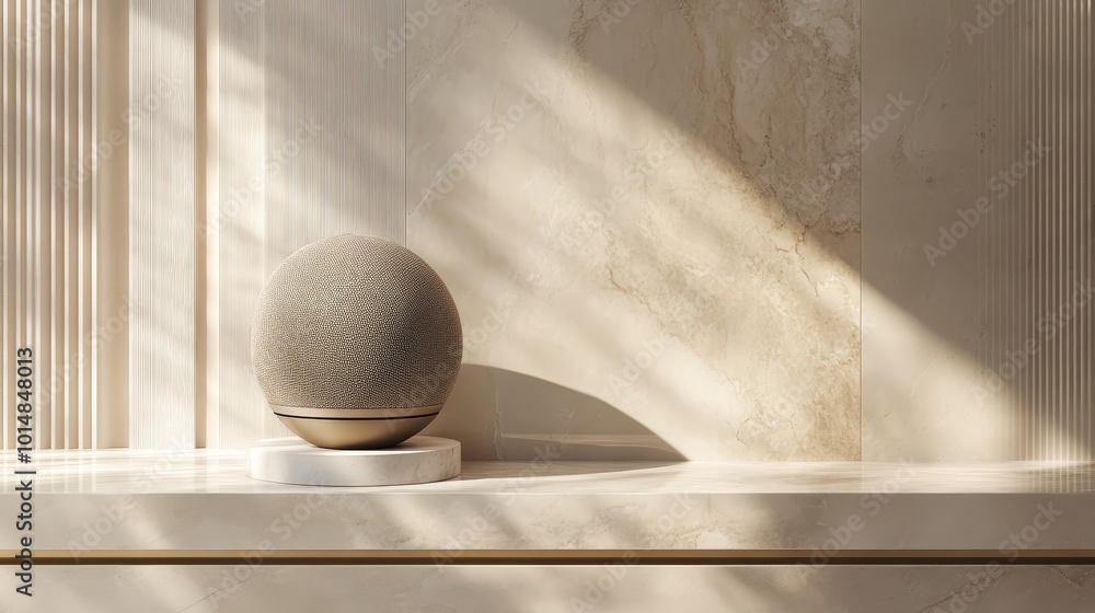 Poster a modern, spherical speaker sits on a sleek surface, illuminated by soft sunlight, creating a serene