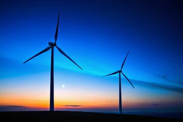 Obraz premium Night Photography of Wind Turbines Against a Blue Sky – Simple and Serene Landscape