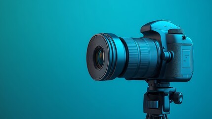A modern DSLR camera on a tripod, set against a gradient blue background, showcasing photography equipment.
